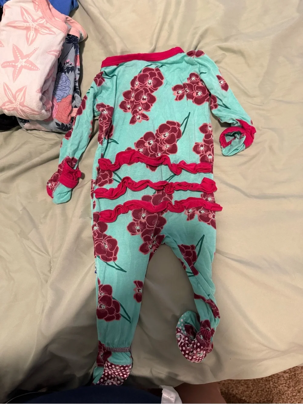 Kickee Pants Aqua Floral Footed One-Piece with Raspberry Trim